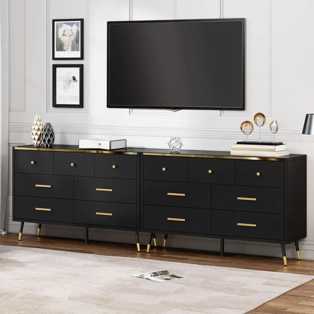 Black Dresser,7 Drawer Dresser with Wide Drawers and Gold Metal Handles, Wood Dressers & Chest of Hallway, Entryway