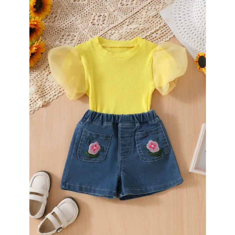 2025 Summer New Mesh Puffy Sleeve T-Shirt + Embroidered Denim Shorts 2 Piece Girl's Set