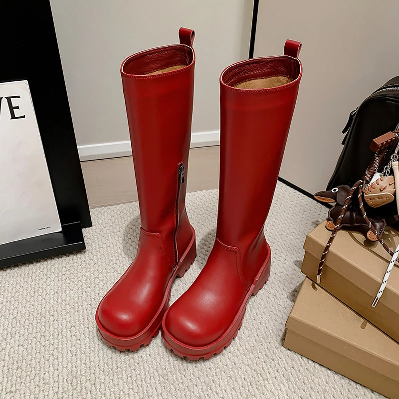 2025 New Platform Women Riding Boots Genuine Leather Knee-high Modern Rain Boots Outdoor Party Shoes