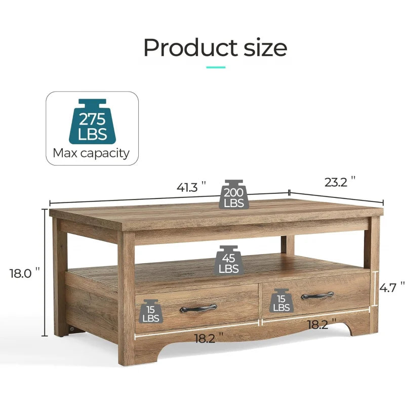 Farmhouse , Wood Coffee Table for Living Room, Open Display Area and Storage Drawers with Me