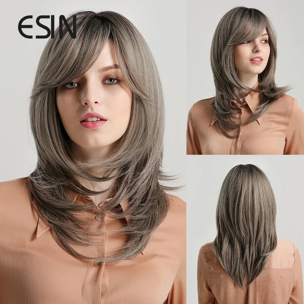ESIN Synthetic Dark Brown Wig Long Wave Wigs for Women Hair Wig With Bangs Heat Resistant Party Daily Natural Use