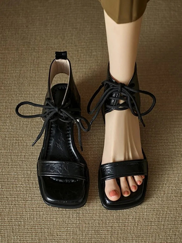 Fashion Ladies Elegant Mid Heel Open Toe Genuine Leather Women Summer Retro French Style Leisure Thick Lace Up Sandals Shoes