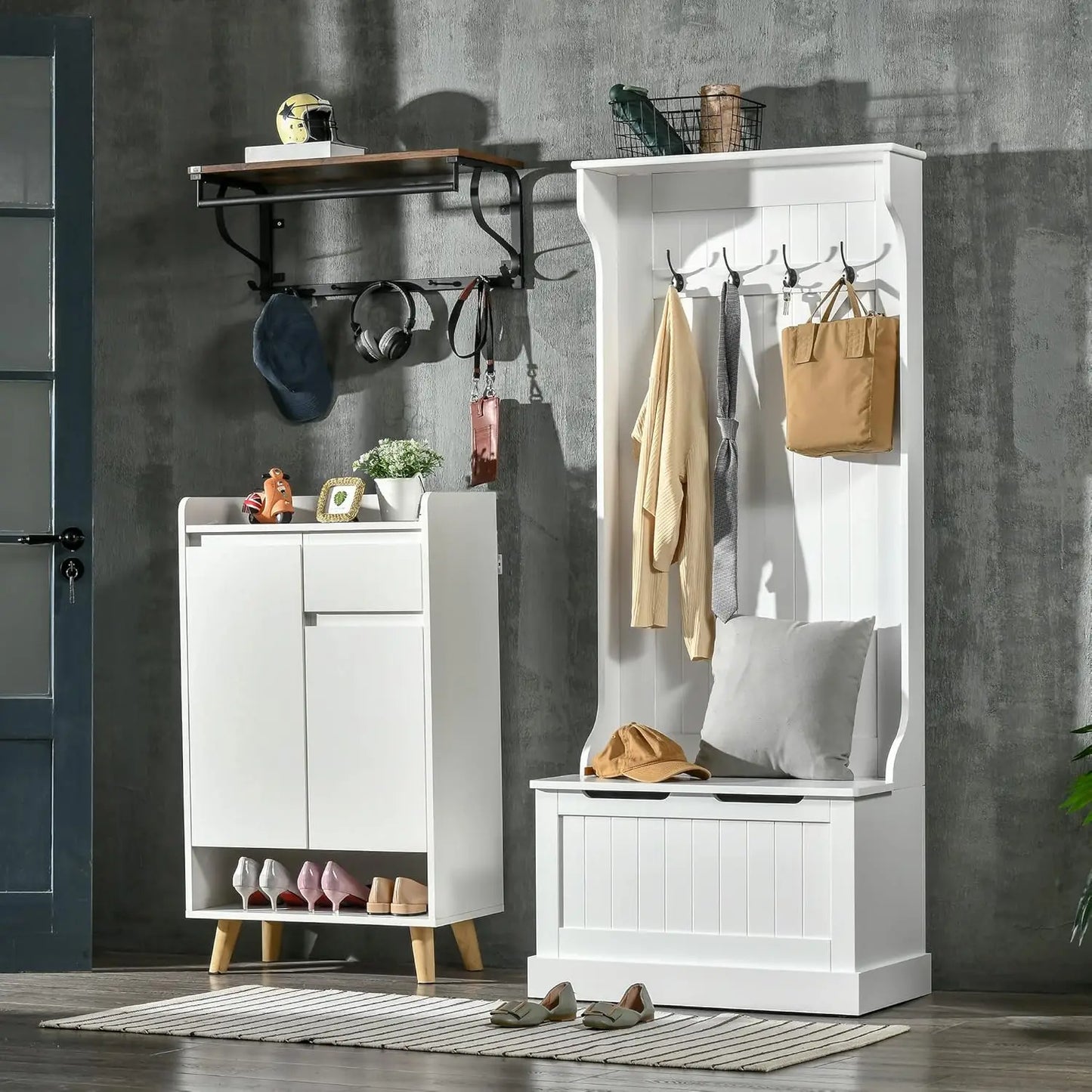 Hall Tree with Bench and Shoe Storage, 3-In-1 Entryway Bench with Coat Rack, 4 Hooks and Flip Top Storage Compartment, White