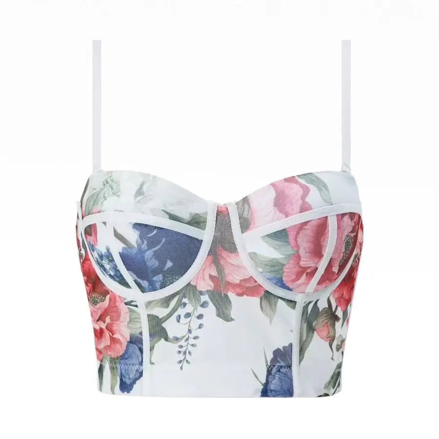 Women Sexy Floral printed Corset Tank Top Nightclub Party Short Chest Binder Camisole Girl Push Up Bustier Lady Bra Lingerie
