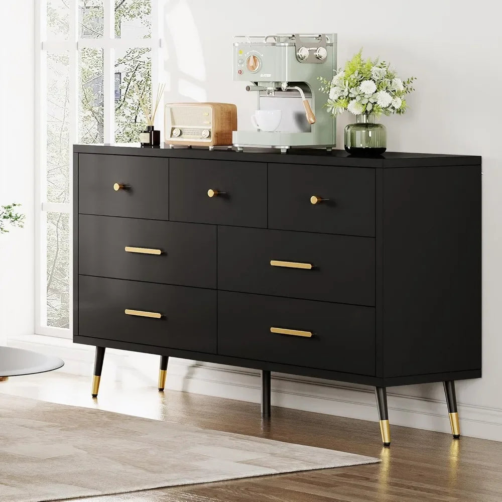 Black Dresser,7 Drawer Dresser with Wide Drawers and Gold Metal Handles, Wood Dressers & Chest of Hallway, Entryway