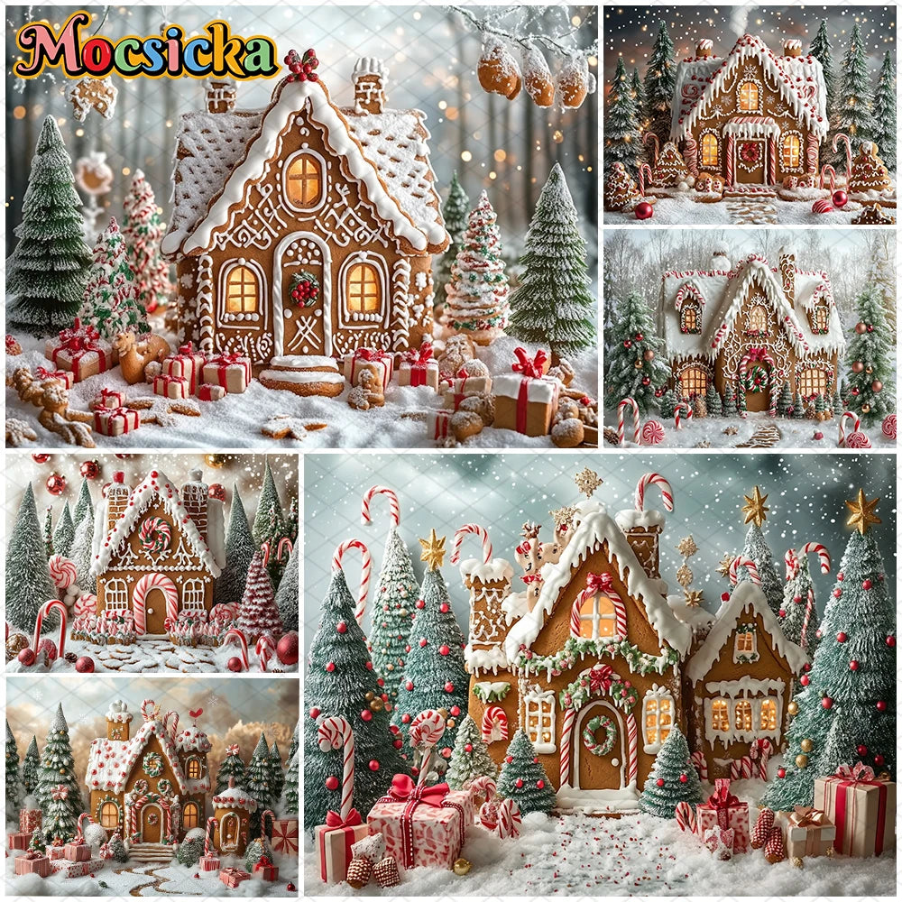 Mocsicka Christmas House Photography Background Xmas Tree Candy Gifts Snowflake Decorations Party Child Photo Backdrop Wallpaper
