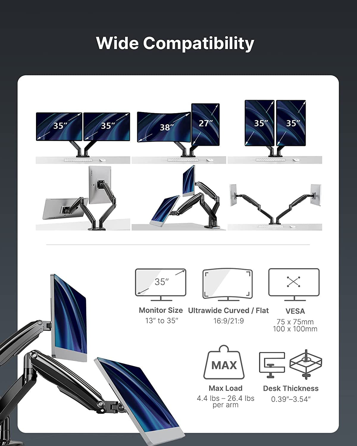 Dual Monitor Stand With USB Port Height Adjustable Arms