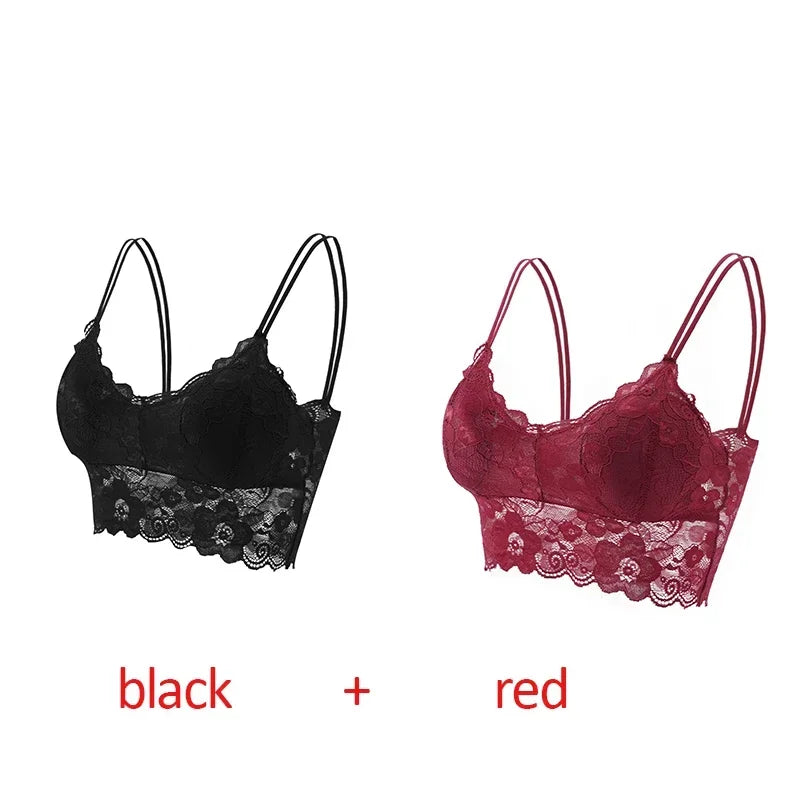 2pcs Sexy Bra Women Lace Bralette Floral Lingerie Underwear Wireless Padded Brassiere Seamless Ultra Strap Wire Free Bras Vest