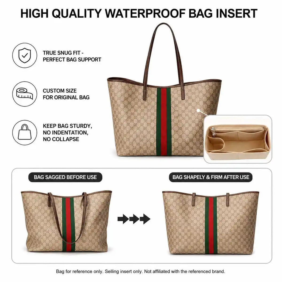 Handbag Organizer Insert Waterproof Felt Tote Liner With Zipper Cup Holder Laptop Sleeve Compatible With Gucci Ophidia GG Tote