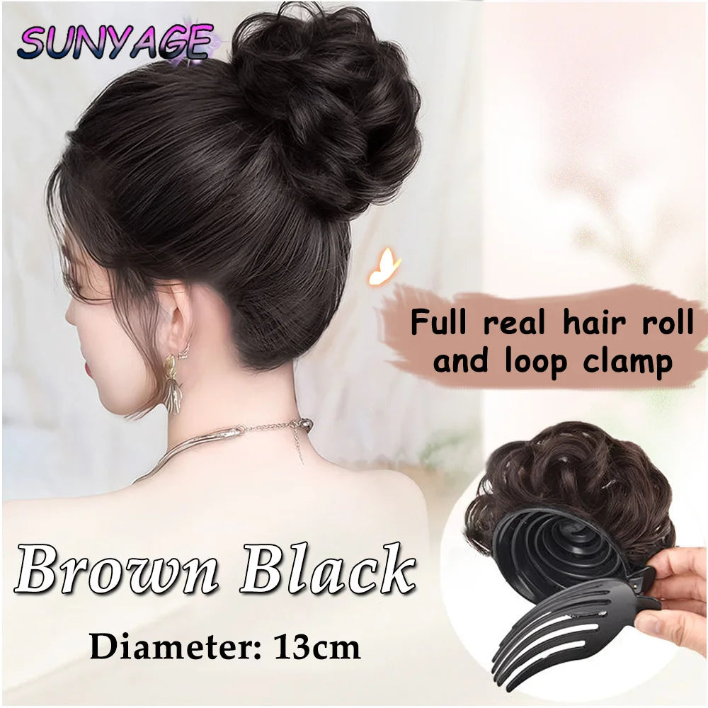 SUNYAGE Headdress Human hair Curled hair bun Head Claw Clip Fluffy Beauty Extension High Temperature Bride Hair Shapers
