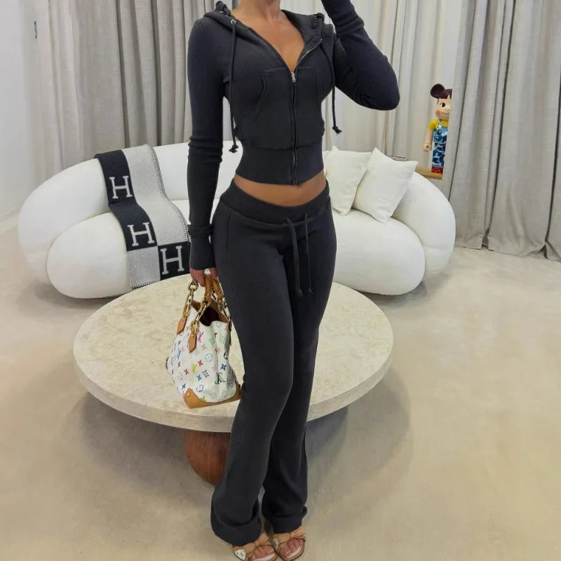 Women's Casual Suit with Brushed and Contrasting Straps Design, Hooded Long Sleeved Cardigan, Slightly Flared Long Pants