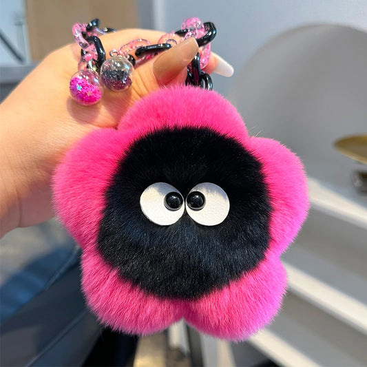Rex Rabbit Fur Keychain Cute Plush Flower Keychain Car Bag Charms Keyring Pendant Accessories Keychain On The Phone Car Key Ring