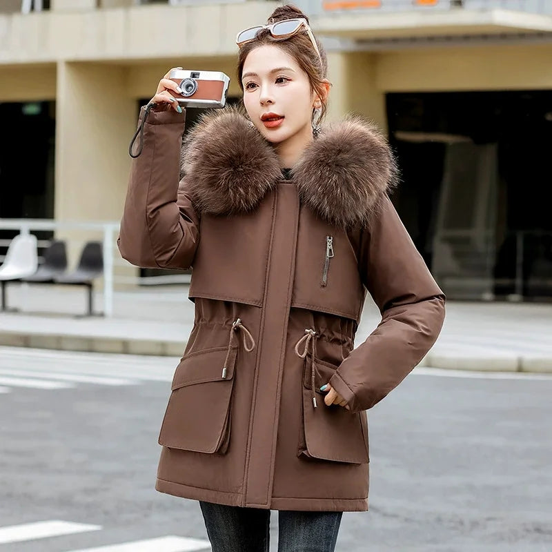 Women Parka Fashion Long Coat Plush Lining Hooded Parkas New Winter Jacket Slim with Fur Collar Warm Snow Wear Padded Clothes