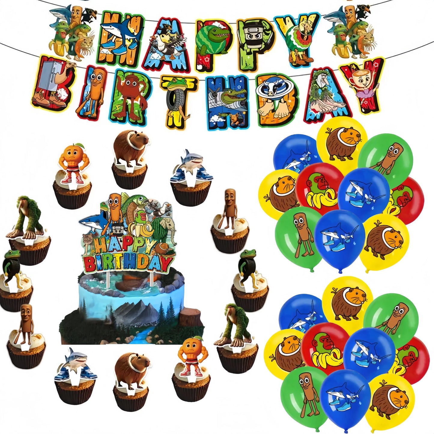 Tung Tung Sahur Birthday Party Decoration Tralalelo Tralala Banner Balloon Italian Brainrot Backdrop for Kids Baby Shower Supply