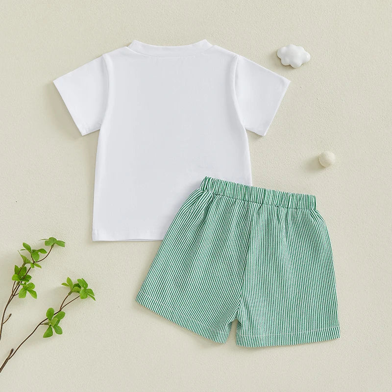 Kids Boys Shorts Set, Short Sleeve Embroidery Golf Cart T-shirt with Striped Shorts Toddler Set Summer Outfit