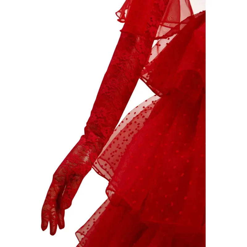 New 2025 Beetle Cosplay Juice Costume Lydia Red Wedding Dress Outfits Women Retro Long Sleeve Lace Tulle Bride Gown Hallo eqs9X