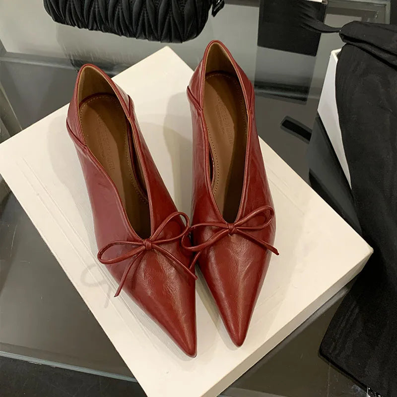 2025 New Fashion Butterfly-Knot Women Low Heels Pumps Shoes Shallow Female Slip On Footwear Pointed Toe Ladies Heeled Shoes