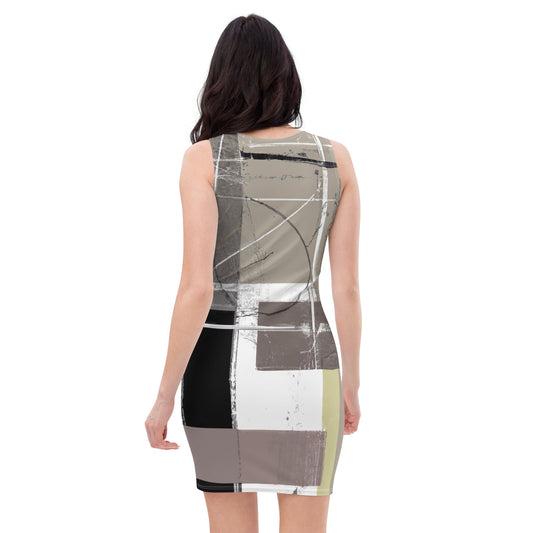 Womens Stretch Fit Bodycon Dress - Abstract Brown Geometric Shapes