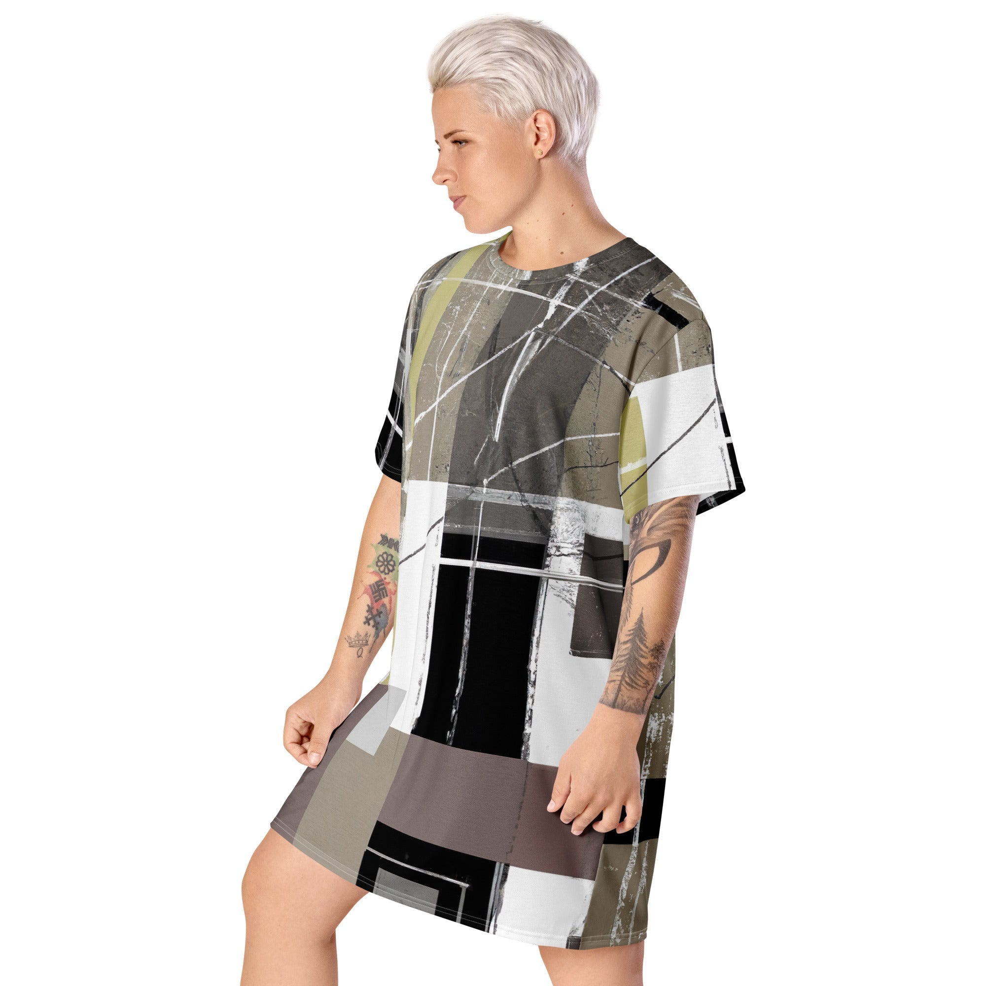 Womens Graphic T-shirt Dress - Abstract Brown Geometric Shapes