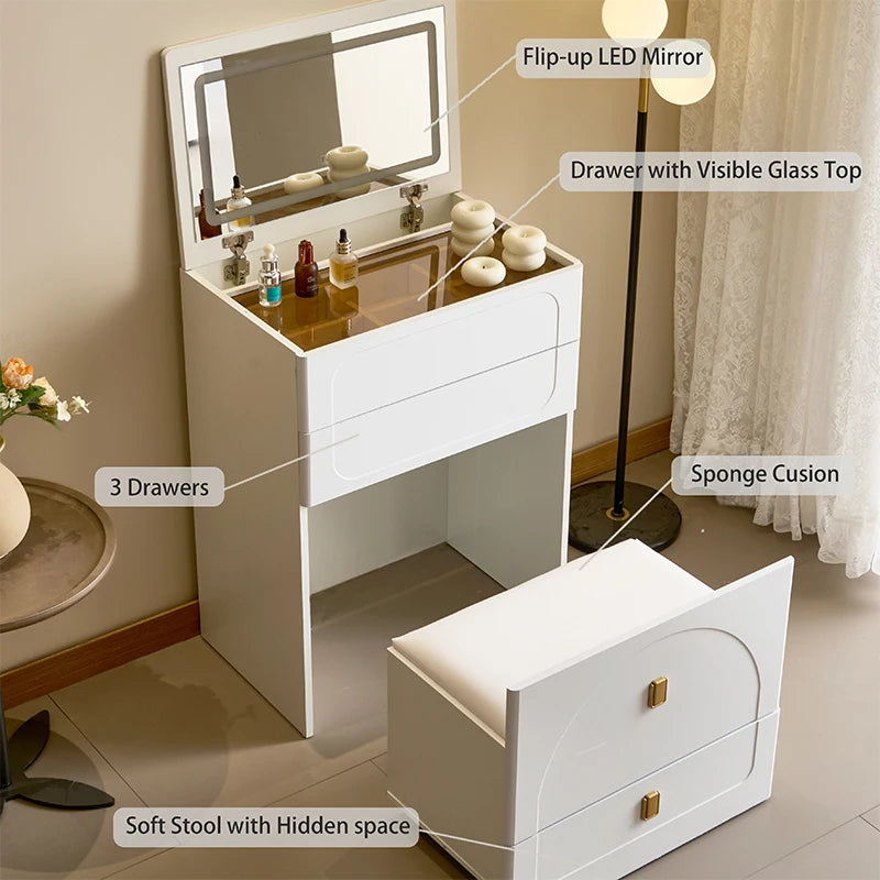 3-in-1 Dresser with Flip-Up Mirror and Light, Small Dresser Set with Visible Glass Tabletop, 3 Drawers, Storage Bench, 3-Color I
