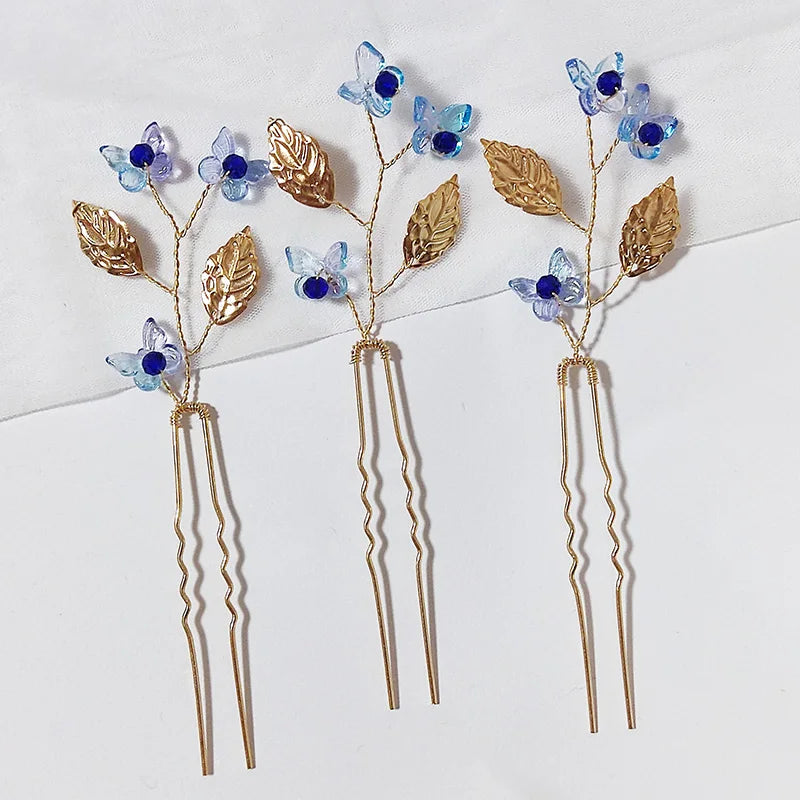 3PCS Women Blue Color Flower Hairpin Stick Wedding Bridal Crystal Pearl Hairpin U Shaped Hair Clip Barrettes Hair Accessories