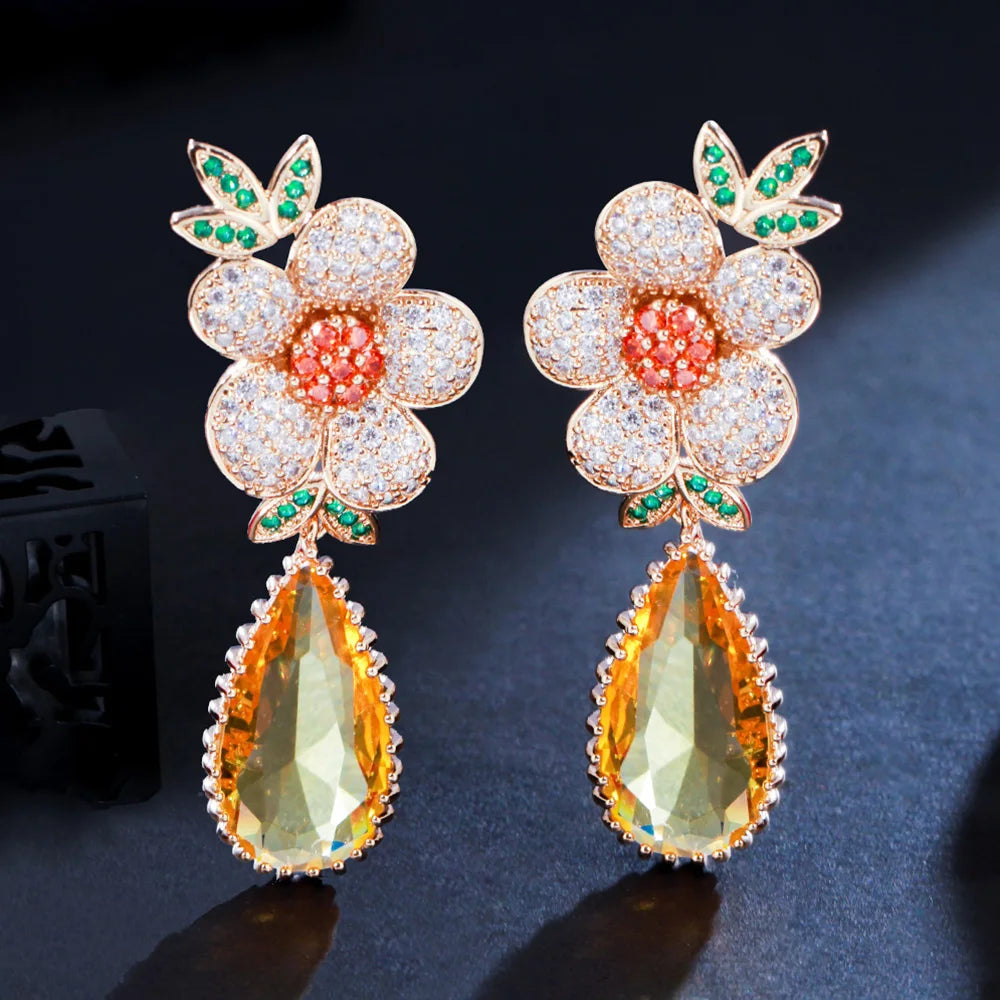 Pera Expensive Gold Color Shiny Yellow Crystal Luxury Wedding Jewelry Long Big Flower Charm Water Drop Earrings for Brides E848