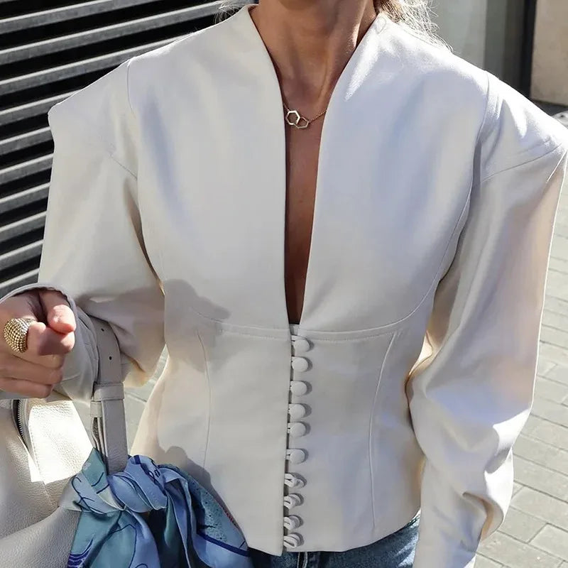 2025 Autumn New Waist-closed Blazer Coat Women's V-neck Long Sleeve Buttons Slim Short Coat Fashion Office Lady Blazer