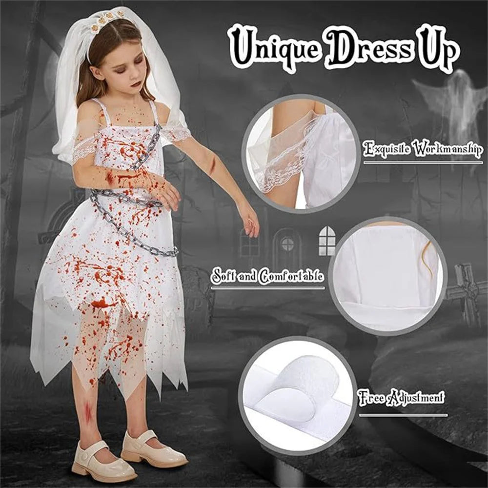 2025 Girls Halloween Party Ghost Bride Witch Ghost Dress Carnival Queen Performance Costume, Includes Headpiece and Skirt