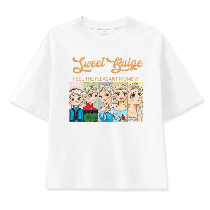 Girls Summer Short Sleeve T-Shirt Frozen Princess Elsa Cotton Loose Sweet Children's Top Casual Short Sleeve Half Sleeve Top