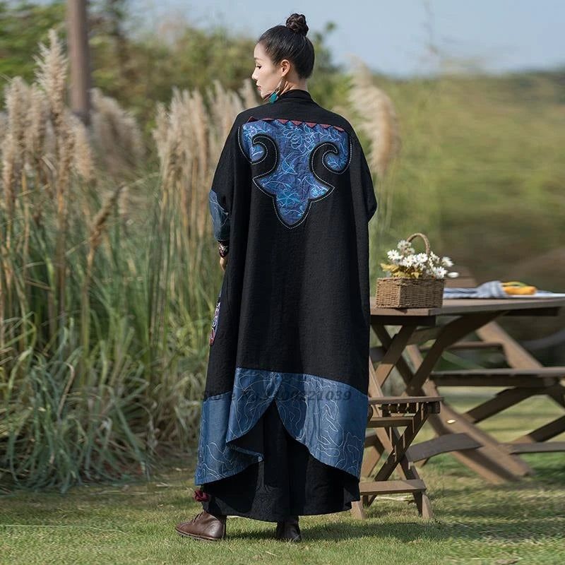 2025 chinese vintag long coat national flower embroidery jacket outerwear retro hanfu tops traditional female windbreaker jacket
