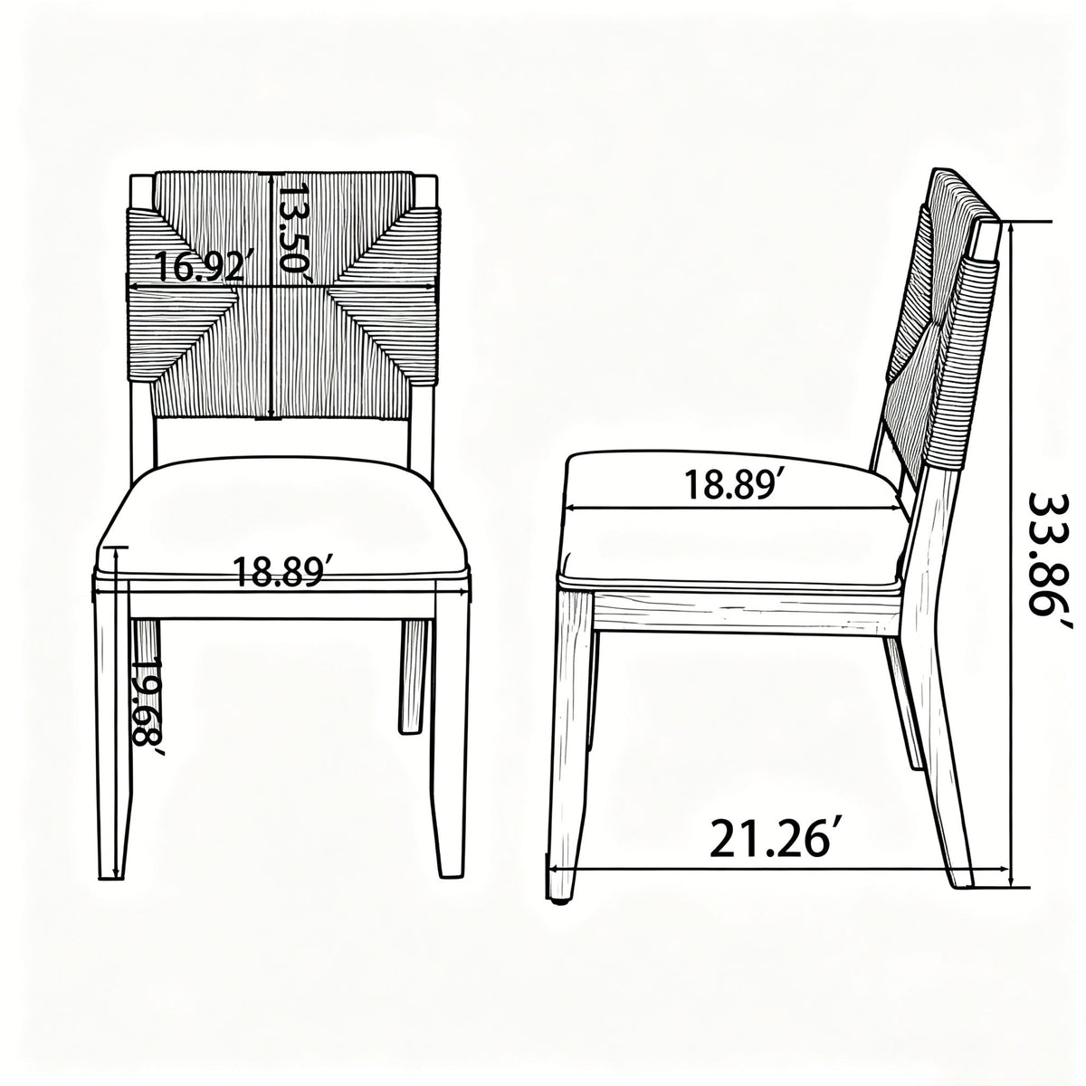 Dining Chairs Set of 2 with Woven Rope Backs and Linen Seats, French