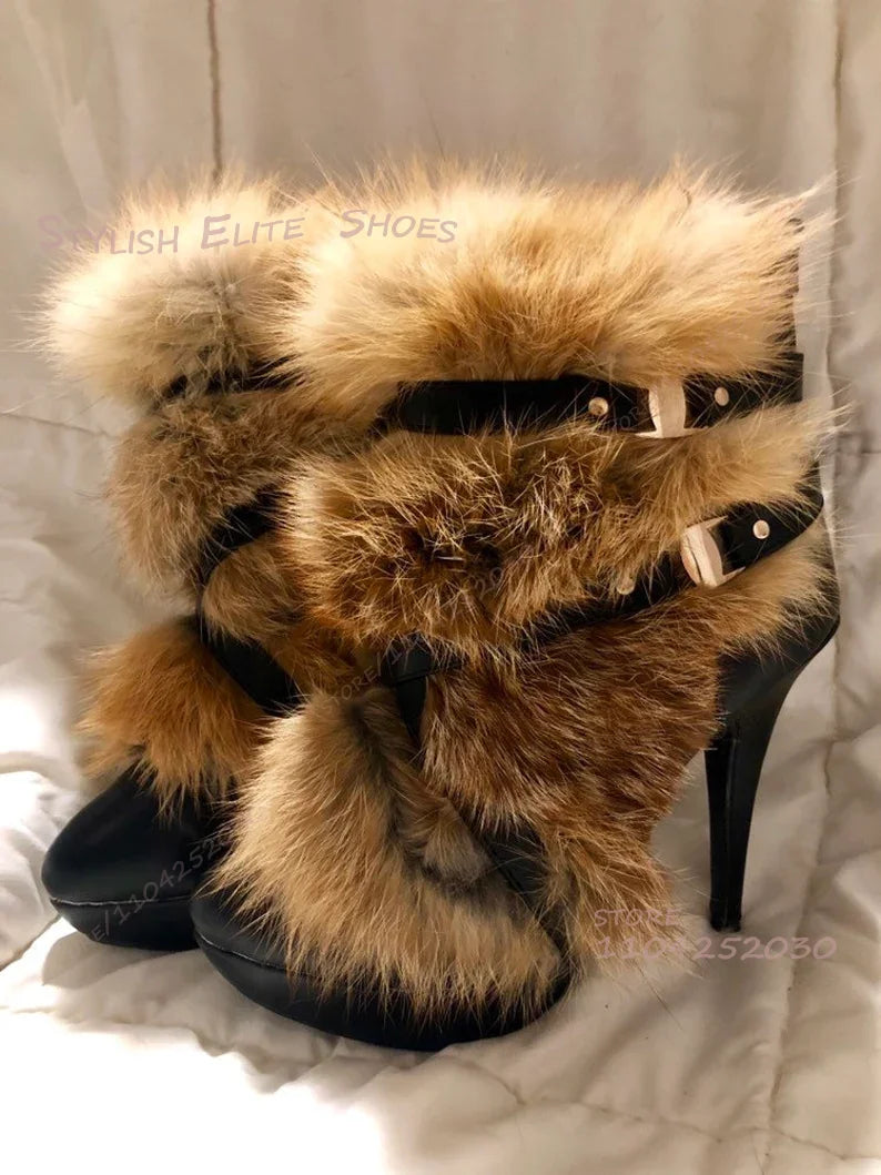 Long Hair Tassel Brown Calf Black Leather Boots Women Round Toe Platform Stiletto Heel Buckle Zip Grey Plush Ankle Booties Shoes