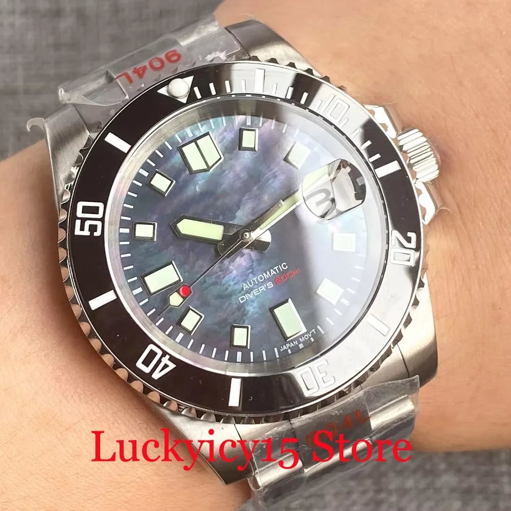 Customized NH35A Automatic Mechanical Watch Men Black Mother of Pearl Dial Luminous 200mWaterproof 40MM Brushed Case Date Cyclop