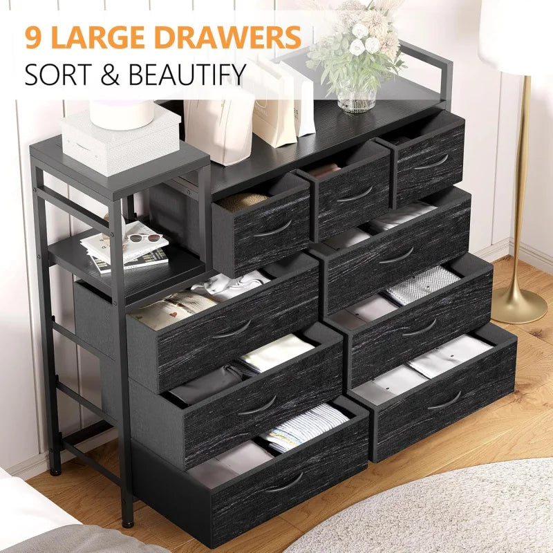 9 Drawer Storage Bedroom Dresser TV Stand |   Multi-Functional with Built-in Charging Station Tall Dresser for Closet O