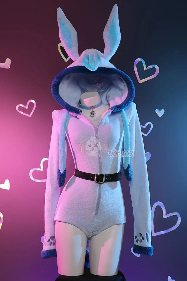 Women Derivative Fluffy Bodycon Romper Sexy Lingerie Furry Hooded Jumpsuit Bunny Girl Cute Pajamas Homewear Tail Belt Socks