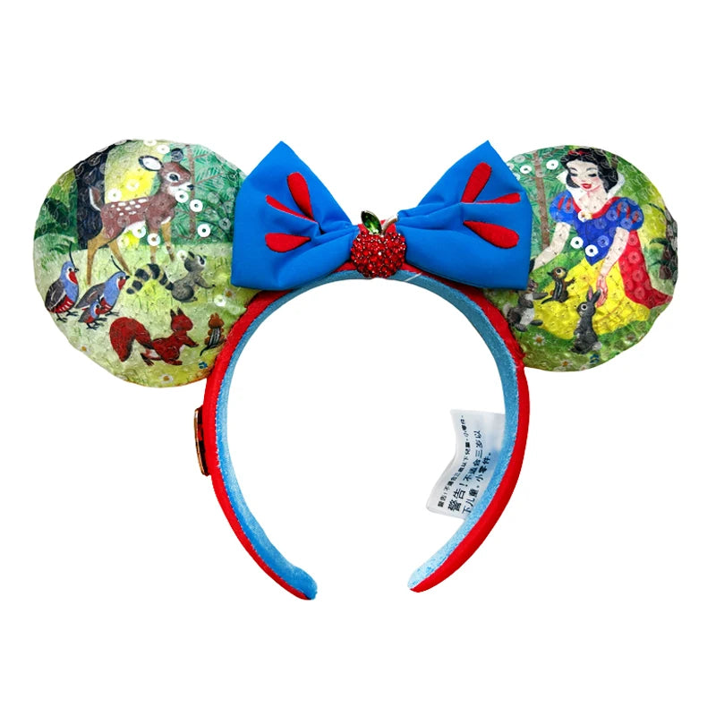 Disney Princess Mickey Mouse Headband Mickey Ear Rapunzel Snow White Sequin Bow Hair Hoop Gift Girl Accessories Christmas Gift