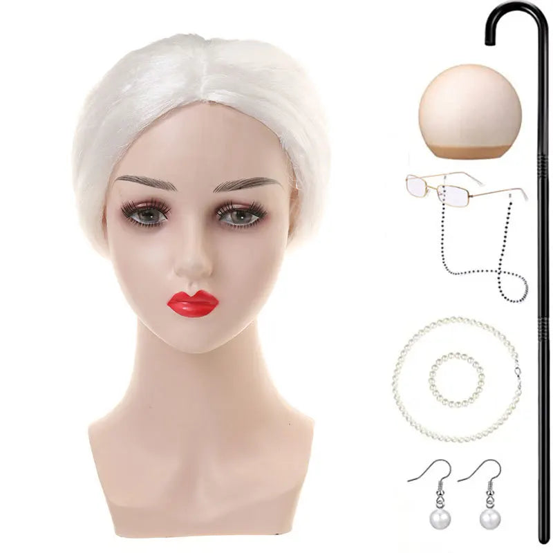 Halloween Granny Granny Grey Wig Grandpa Hair Granny Chartered Woman Curling Iron Wig Set