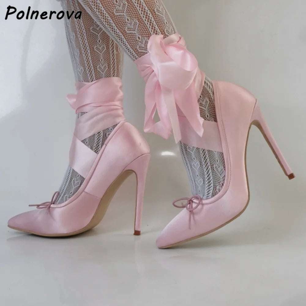 Stain Pink Butterfly Knot Pumps Ankle Band Bows Shallow Pointy Toe Thin Heels Sweet Lolita Shoes Women's Stiletto Summer Pumps