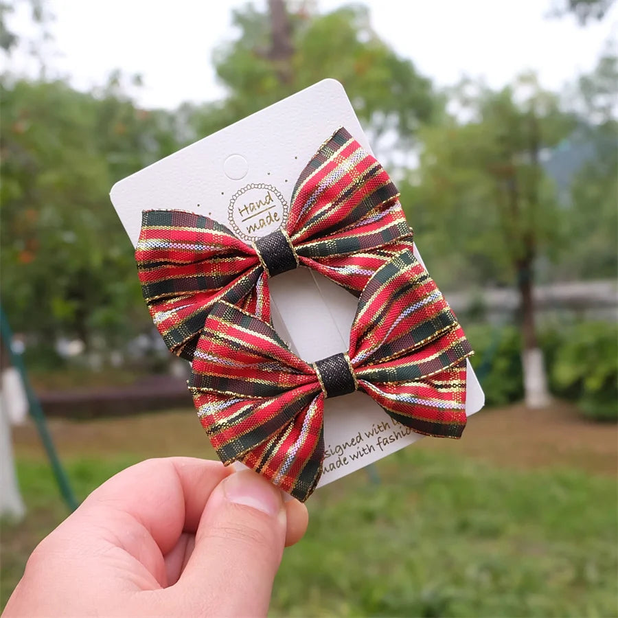 Christmas Plaid Hair Bow Clip For Girls Baby Kids Barrette Children Hair Accessories Butterfly Hairpin Fashion Headwear Top Clip