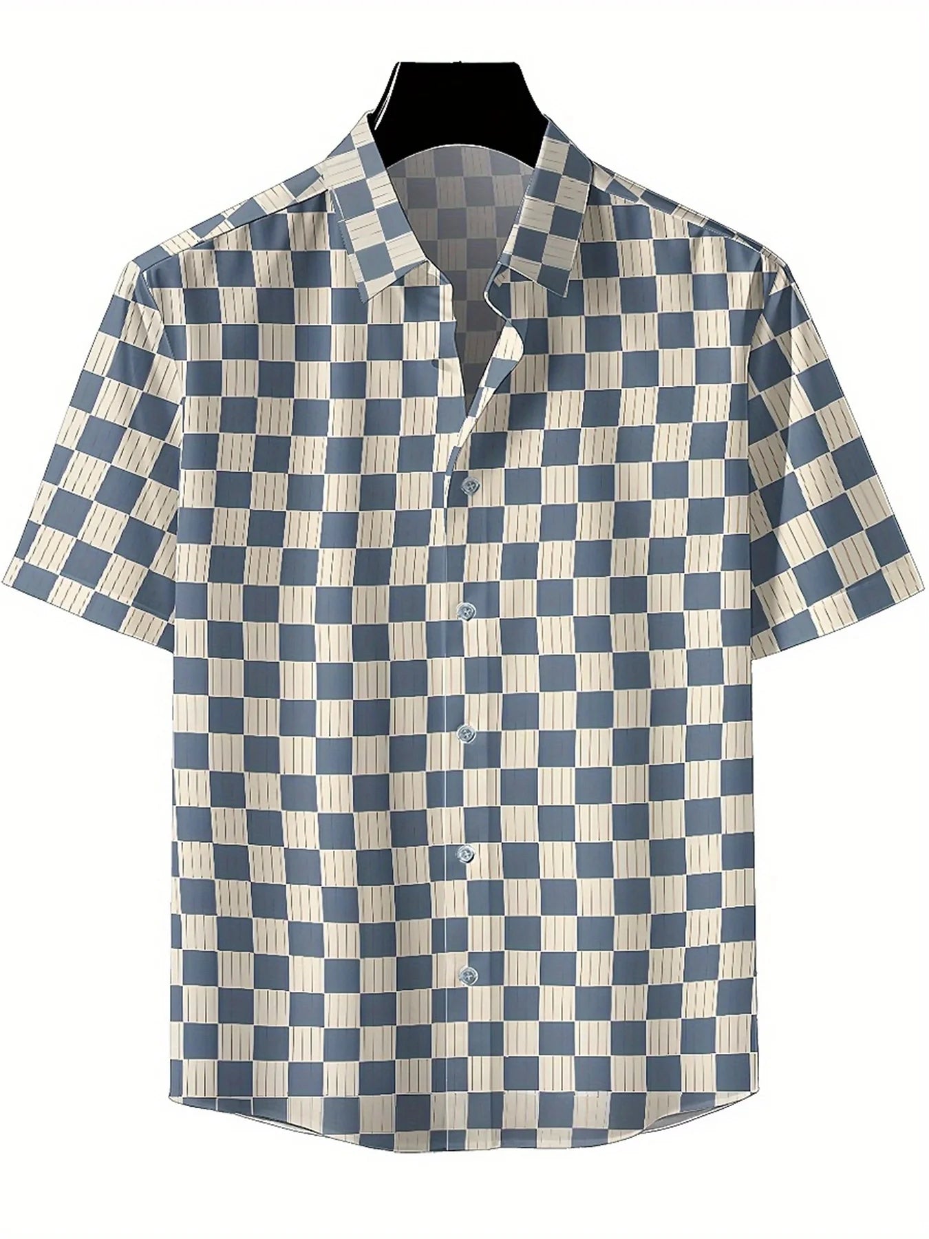 Men's Plus Size Hawaiian Shirts Blue and White Checkered Three-dimensional Pattern,summer Fashion Tops,Hip Hop Rock Streetwear