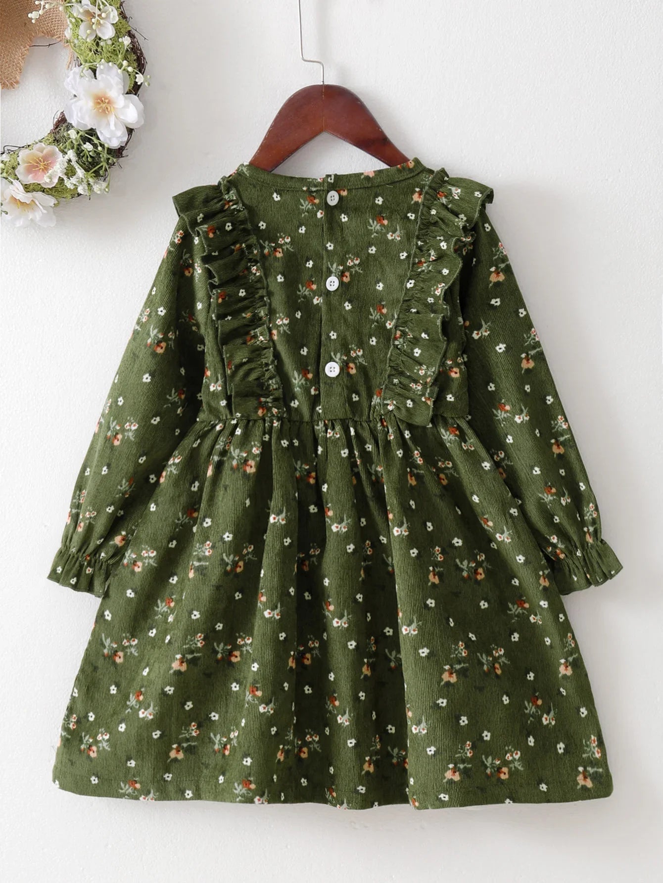 Kids Girls'Green Floral Corduroy Long Sleeved Dress Baby Girl Party Princess Dress For 1-6 Years Fashion Winter Autumn Clothes