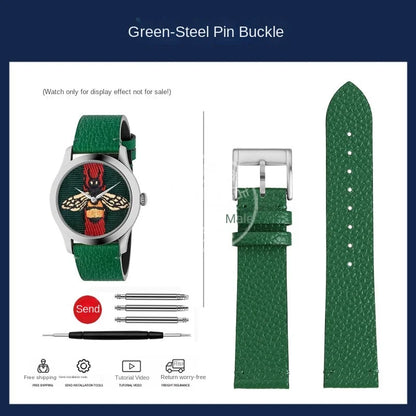 watch band For GUCCI YA1264065 Little Bee Embroidered Gucci Men's and Women's Green Genuine Lea/ther Watch Strap 20mm Bracelet