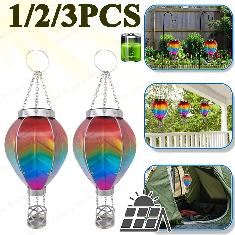 Hot Air Balloon Shape Lantern Flickering Flame Hanging Paper Lamp Outdoor Solar Garden Light IP65 Waterproof Holiday Party Decor