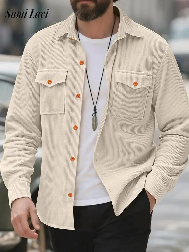 Casual Men's Corduroy Shirt Jacket Spring Autumn Vintage Button-up Turn-down Collar Cargo Jackets Men Fashion Textured Cardigans