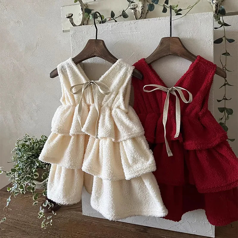 2025 Winter New Girls Sleeveless Princess Dress Children Fleece Dress Cute Baby Girl Christmas Party Dress Kids Warm Clothes
