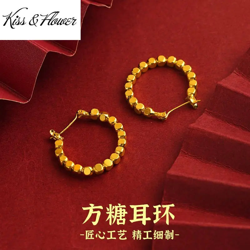 KISS&FLOWER Gold Beads Hoop Earrings For Women Female Party Birthday Wedding Christmas Bride Mother Girlfriend Ladies Gift ER434