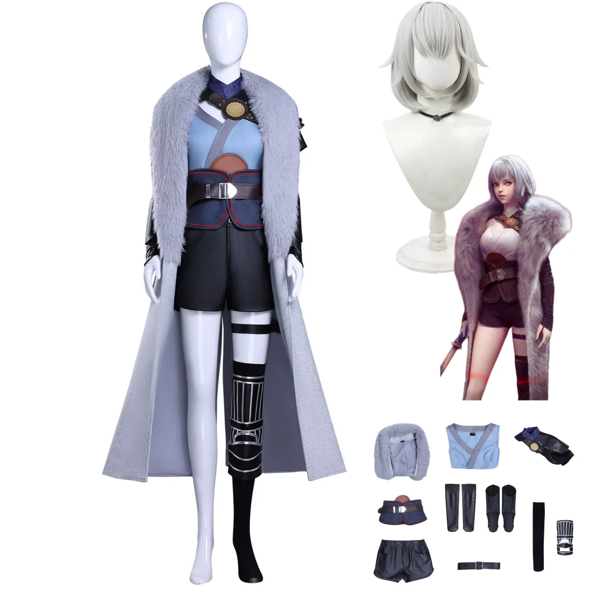 Game Incarnation Bai Yuekui Cosplay Costume Ling Cage 2 Fur Collar Cloak Coat Shorts Uniform Wig Woman Carnival Christmas Suit