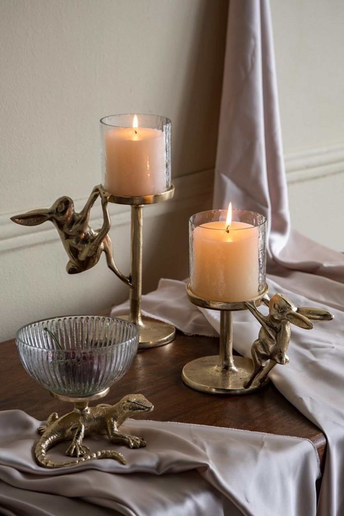 Gold Rabbit Pillar Candle Holder with Glass Hurricane, 11 in Tall