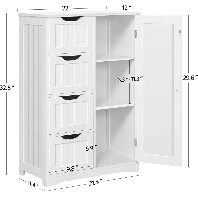 Wooden Floor Cabinet, Side Storage Organizer with 4 Drawers and 1 Cupboard, Freestanding Entryway Storage Unit Console