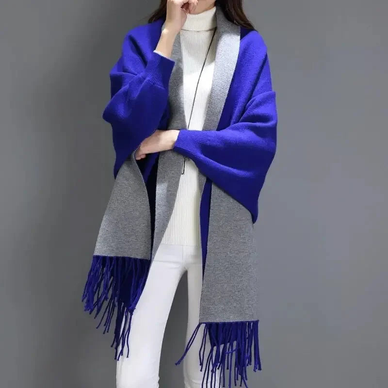 New Colors Black Women Outstreet Loose Knitwear Capes Solid Autumn Winter Knitted Batwing Sleeves Long Poncho Female Tassel Coat